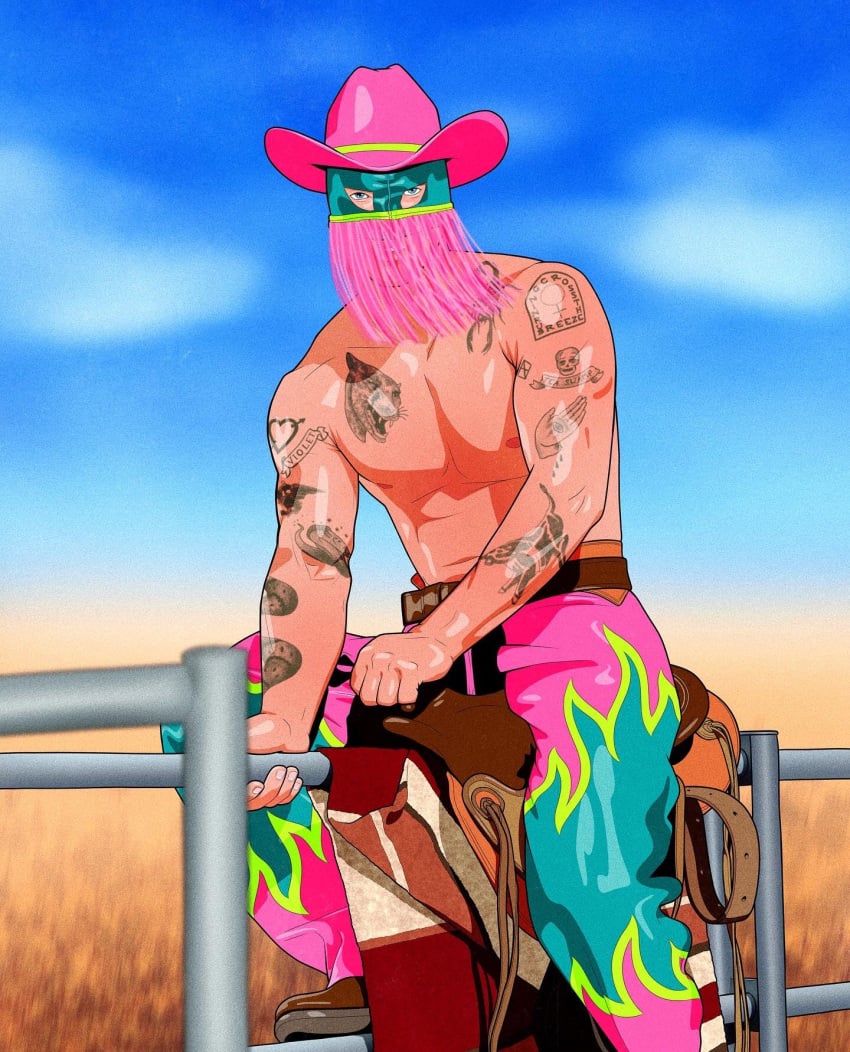 1boy caucasian caucasian_male celebrity cowboy cowboy_hat lean_muscle looking_at_viewer male_only masked meathook_magazine musician orville_peck pink_cowboy_hat real_person saddle solo solo_male tattoos