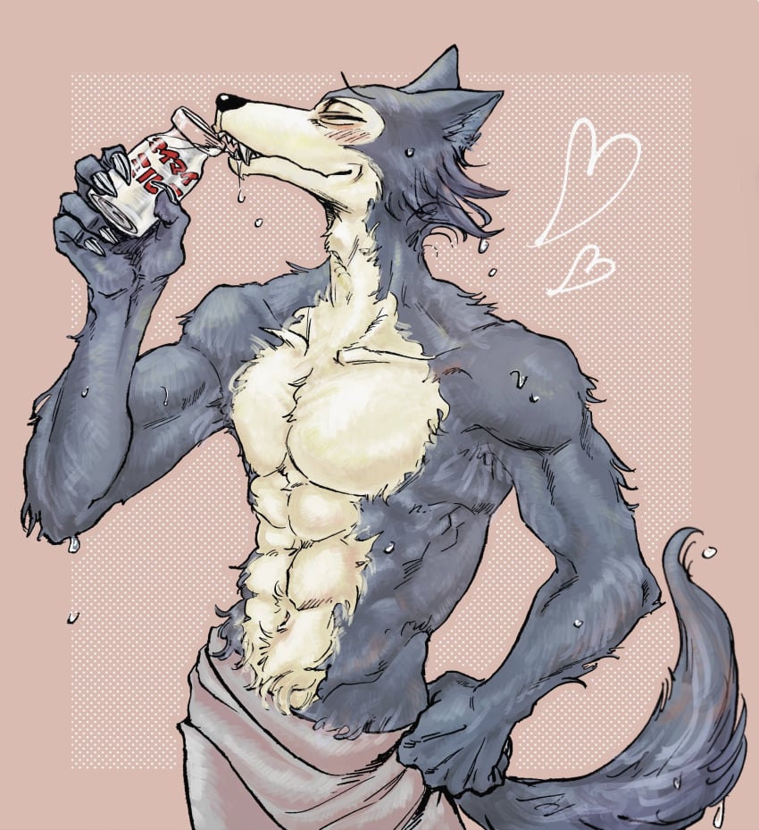 1boy 2021 abs abstract_background absurd_res anthro athletic athletic_anthro athletic_male beastars belly_button biceps blush bottle canid canine canis claws closed_eyes clothed clothing digital_drawing_(artwork) digital_media_(artwork) drinking fingers fit fit_male fluffy fluffy_tail fur furry grey_body grey_fur heart hi_res legoshi_(beastars) male male_focus male_only mammal milk multicolored_body multicolored_fur muscular muscular_anthro muscular_male navel pecs pink_background simple_background solo standing tan_body tan_fur topless towel towel_only two_tone_body two_tone_fur wet wet_body wet_fur wolf yuzuki_fang111