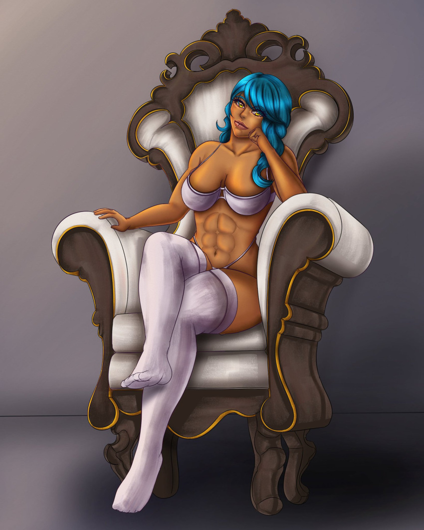 althena_stone blue_hair guild_wars guild_wars_2 lingerie salkini_commission stockings throne