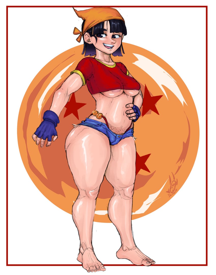 1girls aged_up bandana barefoot black_hair breasts clothing dragon_ball dragon_ball_gt feet female female_only hand_on_hip looking_at_viewer pan_(dragon_ball) pubic_stubble shinobupp solo thick_thighs toes underboob wide_hips