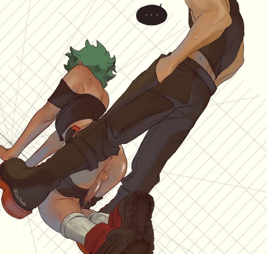 2boys all_fours anus ass boots bottomless girly green_hair izuku_midoriya katsuki_bakugou kneeling my_hero_academia onehimbo penis sketch yaoi