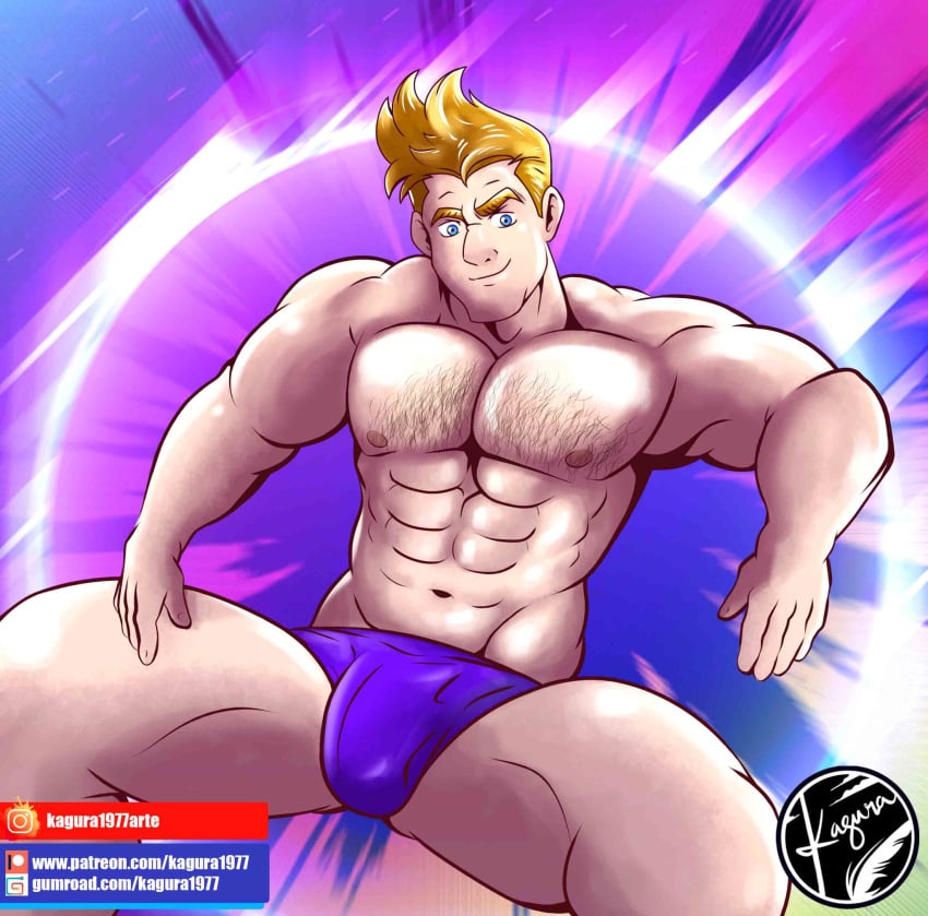 1boy agent_mary bulge caucasian caucasian_male hairy kagura_1977 looking_at_viewer male male_only muscles muscular muscular_male q-force solo solo_male spread_legs steve_maryweather underwear underwear_only