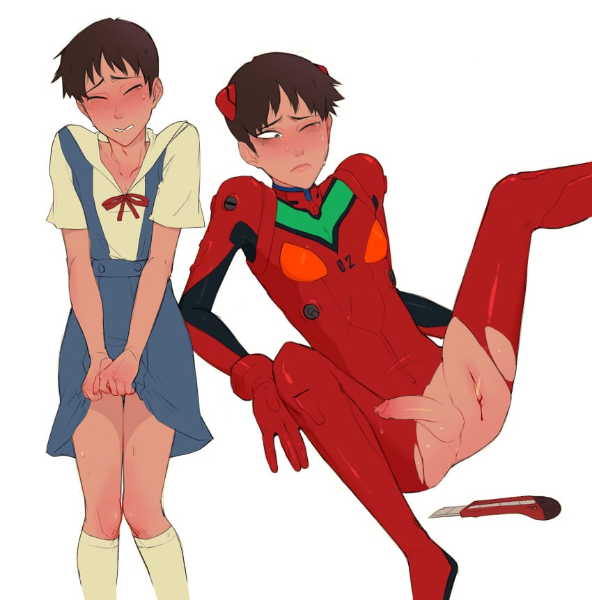 1boy balls blood blush bodysuit clothing crossdressing dress haruhssment knife neon_genesis_evangelion penis precum shinji_ikari short_hair sitting torn_clothes white_background