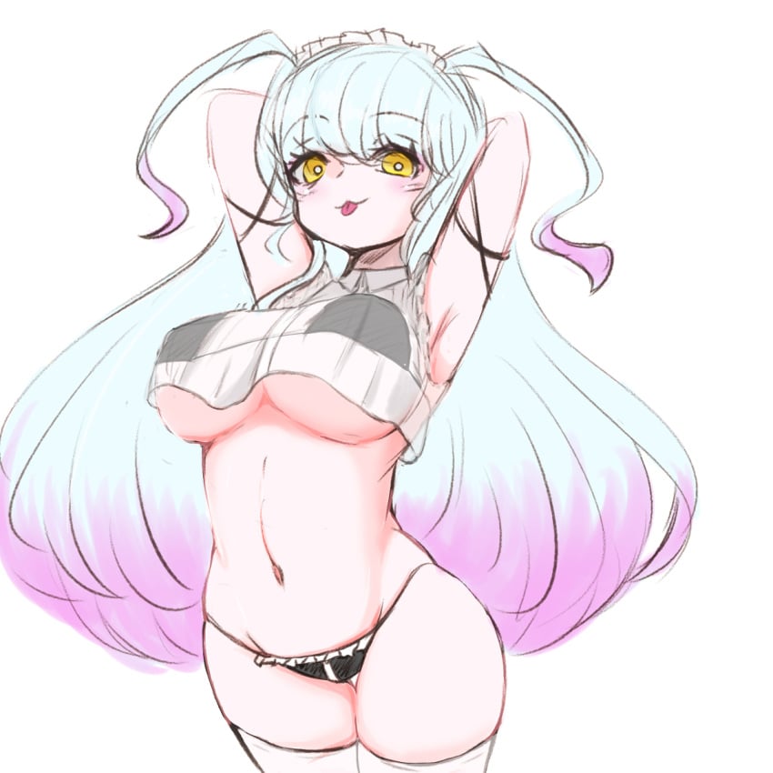 :3 arms_behind_head arms_up bikini blush breasts female hips large_breasts library_of_ruina lobotomy_corporation long_hair navel project_moon queen_of_hatred see-through_clothing ten_oekaki thighhighs tongue tongue_out yellow_eyes