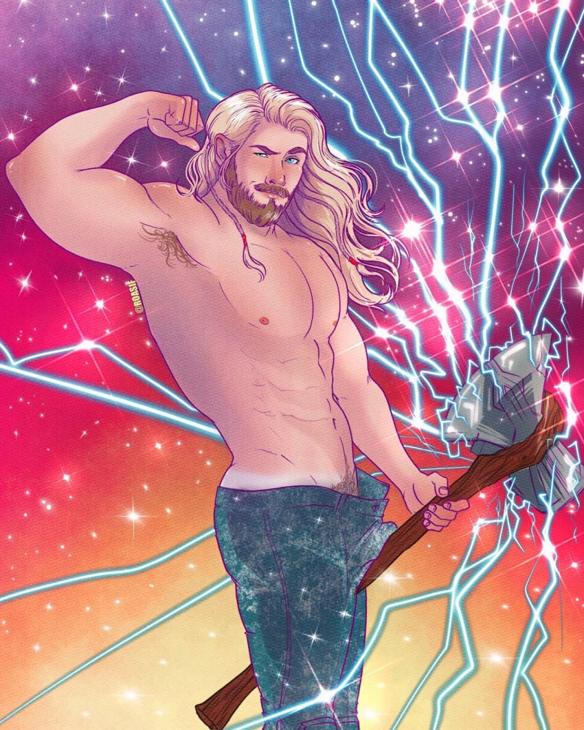 1boy actor axe celebrity chris_hemsworth flexing human human_only in_character light-skinned_male light_skin lightning long_hair male male_only marvel marvel_cinematic_universe muscular muscular_male roasif solo solo_male stormbreaker tanlines thor:_love_and_thunder thor_(marvel) thor_(series) unzipped_pants weapon winking