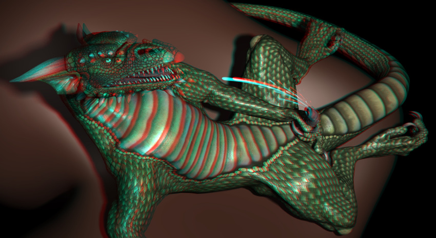 3d 3d_anaglyph anaglyph anthro cum cumshot dragon ejaculation erection looking_at_viewer male masturbation orgasm penis scales scalie solo wooky