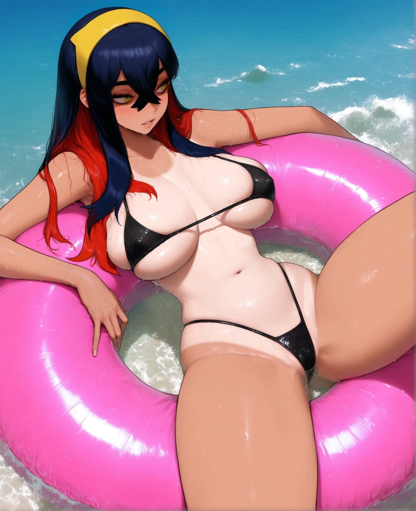 ai_generated bare_arms bare_legs bare_shoulders bare_thighs big_breasts bikini bikini_bottom bikini_top black_hair blush carmine_(pokemon) clothed clothing color female female_focus female_only game_freak hi_res large_breasts light-skinned_female light_skin long_hair nintendo pokemon pokemon_sv pokemon_trainer ramwam solo solo_female tagme tan_skin thick_thighs yellow_eyes