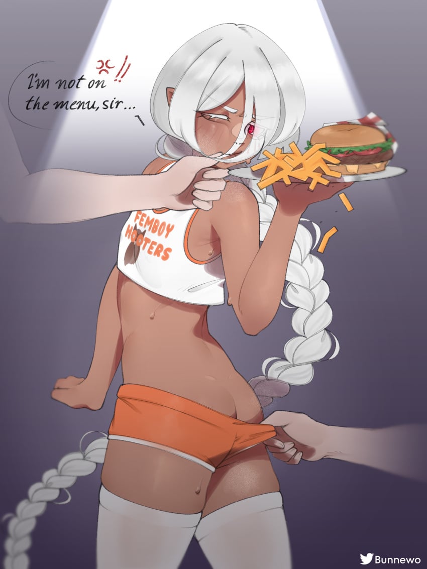 bunnewo bunnewo_doru burger dark_skin femboy femboy_hooters fries imminent_sex long_braid original red_eyes sweat vampire white_hair