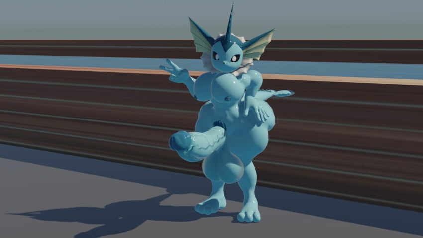 1boy 3d 3d_(artwork) big_ass big_balls big_butt big_pecs big_penis blue_body blue_penis fins idimon male muscular peace_sign pokemon pokemon_(species) pool shiny_skin simple_background tagme vaporeon