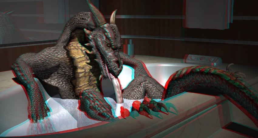 1boy 3d 3d_anaglyph anaglyph anthro autofellatio bath bathtub dragon erection fellatio in_water indoors looking_at_viewer male male_only masturbation nude oral penis scales scalie sitting solo tub water wooky