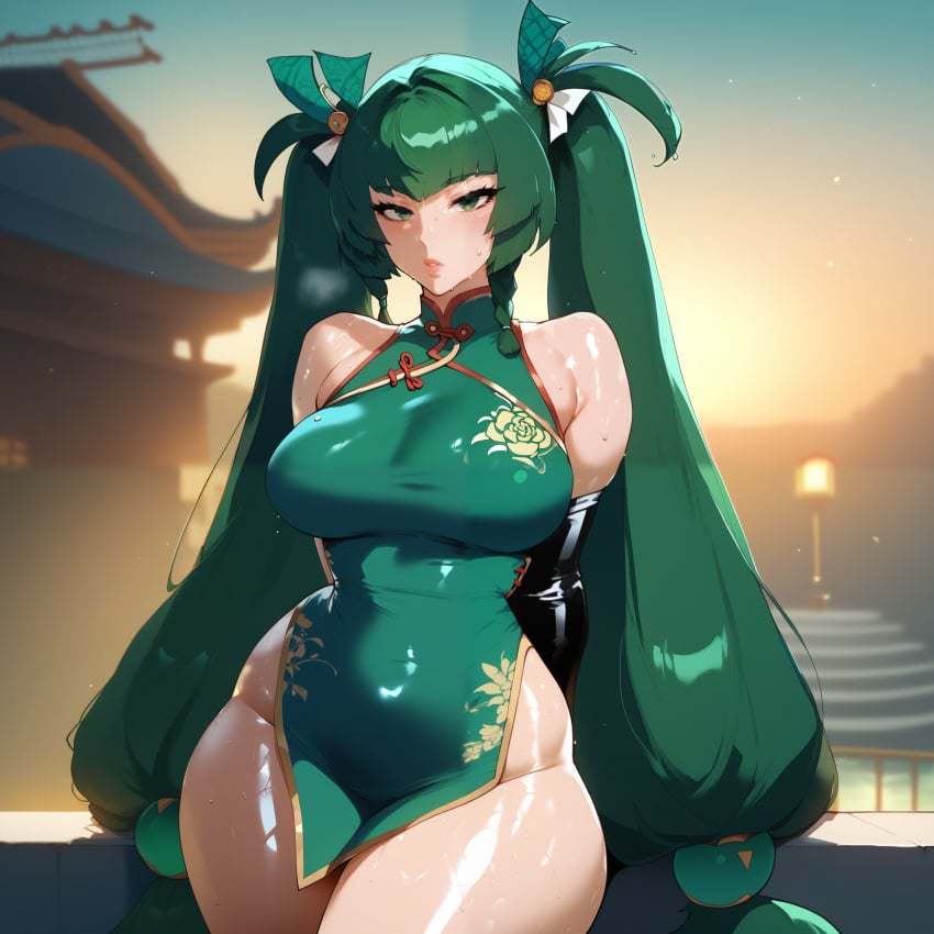 ai_assisted ai_generated android background big_ass brat china_dress day detailed_background dress evening exposed_thighs fit_female green_eyes green_hair hands_behind_back high_resolution highres hourglass_figure hoyoverse light-skinned_female long_hair looking_at_viewer medium_breasts no_panties ntr oiled_skin qingyi_(zenless_zone_zero) qipao robot robot_girl saiyunnart small_waist solo sweaty sweaty_body thick thick_ass thick_legs thick_thighs thighs twintails wet wet_skin zenless_zone_zero