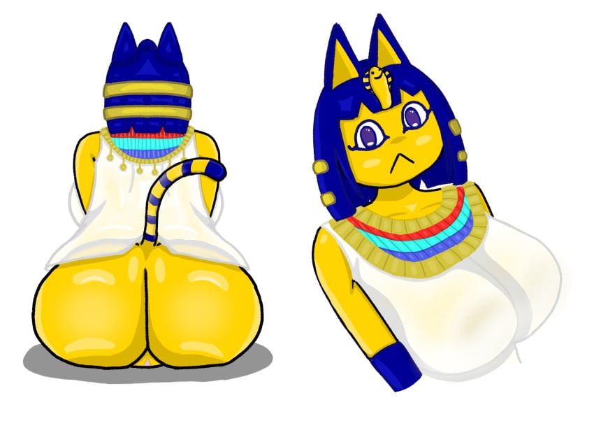 animal_crossing ankha_(animal_crossing) anthro ass back_boob big_breasts big_butt blue_hair breasts clothing collar domestic_cat felid feline felis female female_anthro genitals hair hi_res majika mammal nintendo pussy solo tail yellow_body