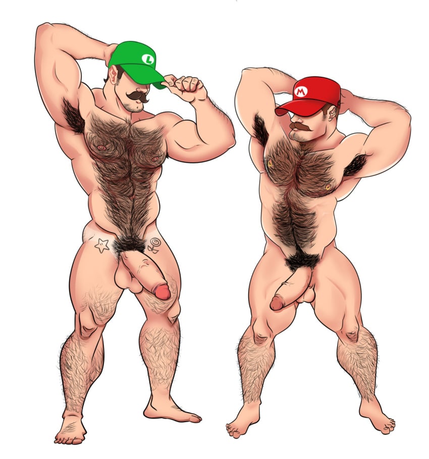 2boys arm_hair armpit_hair armpits arms_behind_head balls barefoot biceps body_hair chest_hair duo duookami erection facial_hair gay genitals green_hat hairy_arms hairy_belly hairy_chest hairy_legs hairy_male hat human leg_hair light_skin light_skinned_male luigi male male_nipples male_only mammal manly mario mario_(series) masculine mature mature_male mature_man muscles muscular muscular_male nintendo nipple_piercing nipples nude nude_male penis posing pubic_hair red_hat tattoos testicles white_background