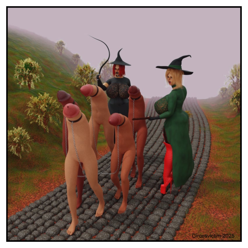 1:1 2025 3d artist_name big_breasts black_lipstick blonde_hair boots breasts broom chains choker circesvictim cleaning_tool clothing cobblestone collar digital_media_(artwork) dominant dominant_female english_text female female_dominating_male fog foggy_background footwear grass group hair hat headgear headwear hi_res high_heels hill human human_dominating_humanoid human_on_humanoid humanoid interspecies jewelry leash lipstick magic_user makeup male male/female mammal necklace not_furry nude penis_creature plant red_hair road shoes submissive submissive_male text tree whip witch witch_hat