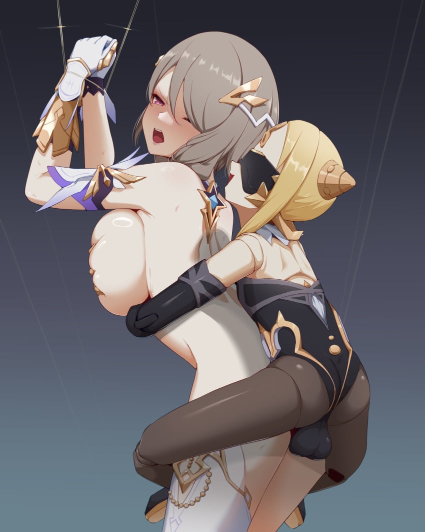 2girls black_blindfold blindfold blonde_hair breasts brown_hair carrying chapa_kari commentary_request commission defeat doll_joints female futanari gloves grabbing_another&#039;s_breast grabbing_from_behind groping hair_ornament hair_over_one_eye herrscher_of_dominance highres honkai_(series) honkai_impact_3rd intersex joints large_breasts multiple_girls open_mouth piggyback pink_eyes restrained rita_rossweisse sex sex_from_behind shirt single_thighhigh textless_version thighhighs variant_set white_gloves white_shirt white_thighhighs