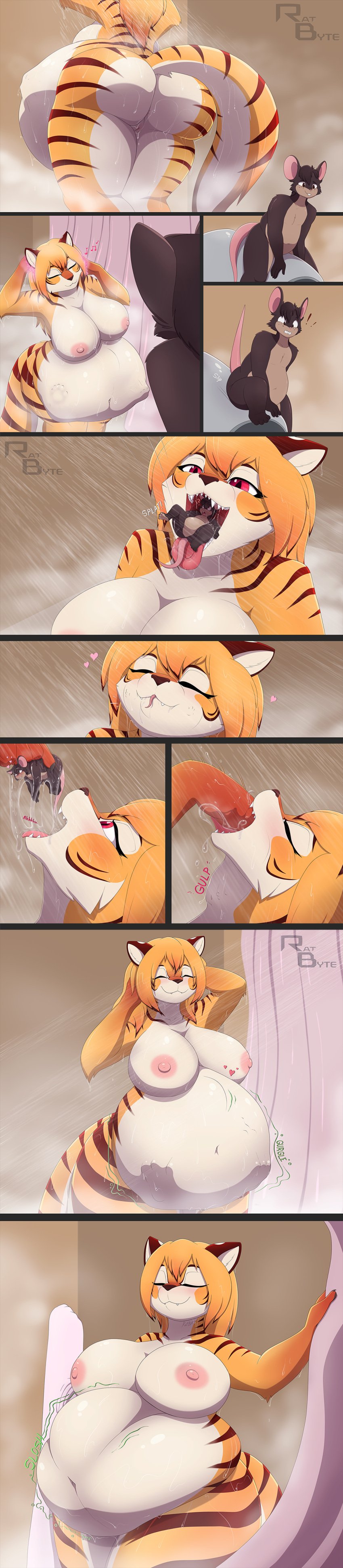 1boy 1girls anthro female female_pred male male_prey mouse oral_vore ratbyte shower tagme tiger vore