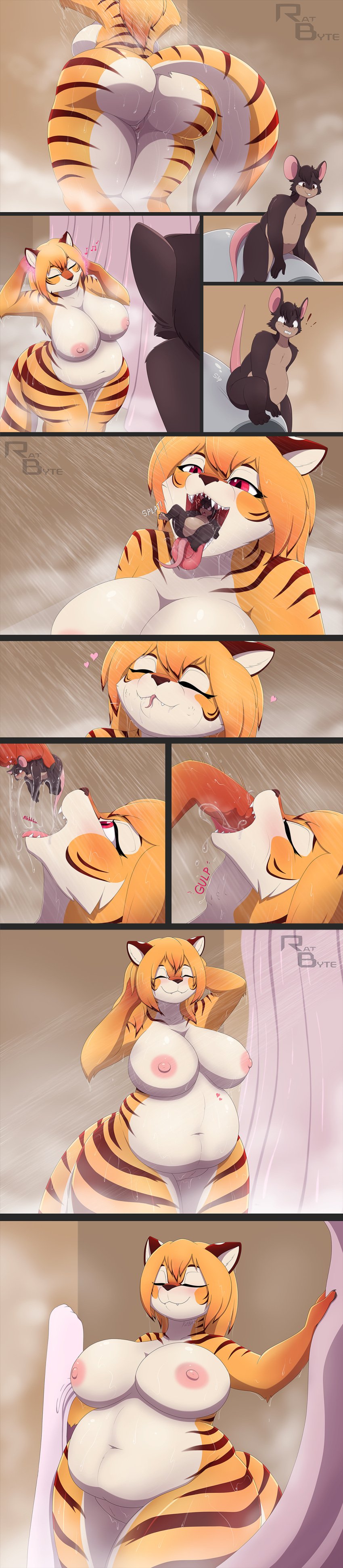 1boy 1girls anthro female female_pred furry male male_prey mouse oral_vore ratbyte shower tagme tiger vore