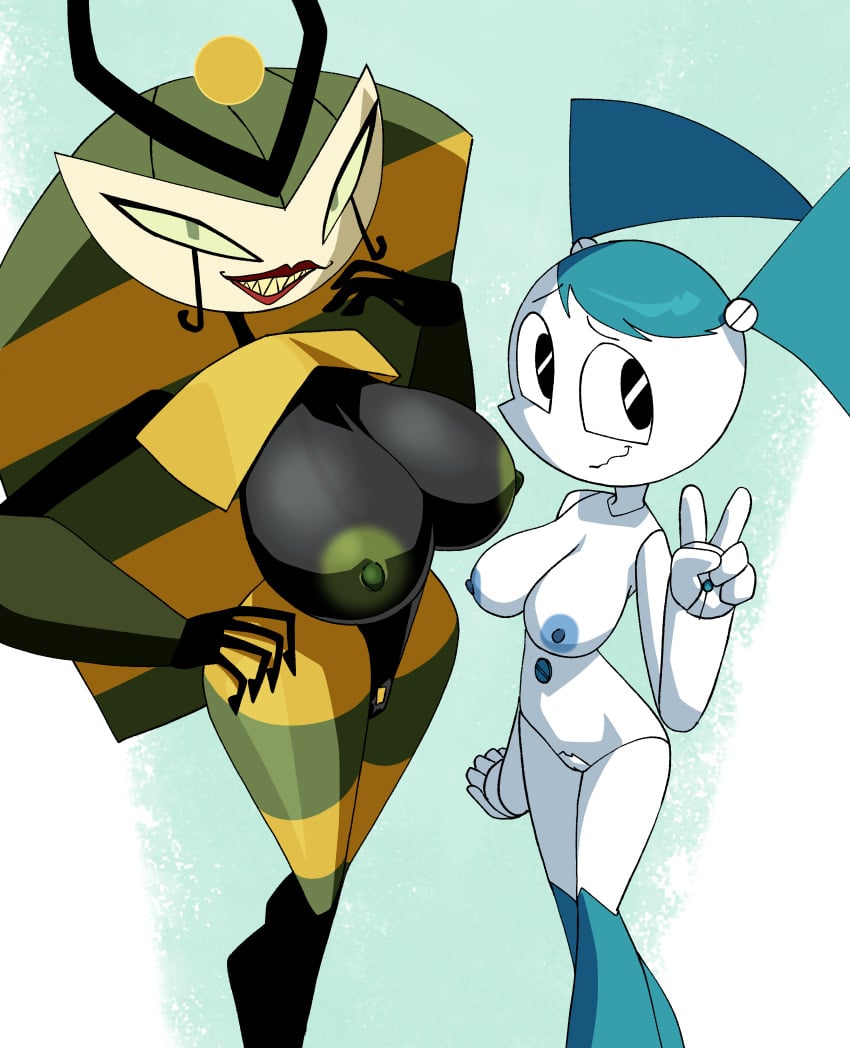 absurd_res big_breasts black_eyes breast_size_difference breasts coolerinker duo female genitals gesture hand_gesture hi_res humanoid inker_comics inkershike jenny_wakeman looking_at_viewer machine my_life_as_a_teenage_robot nickelodeon nipples nude pussy queen_vexus robot v_sign vexus