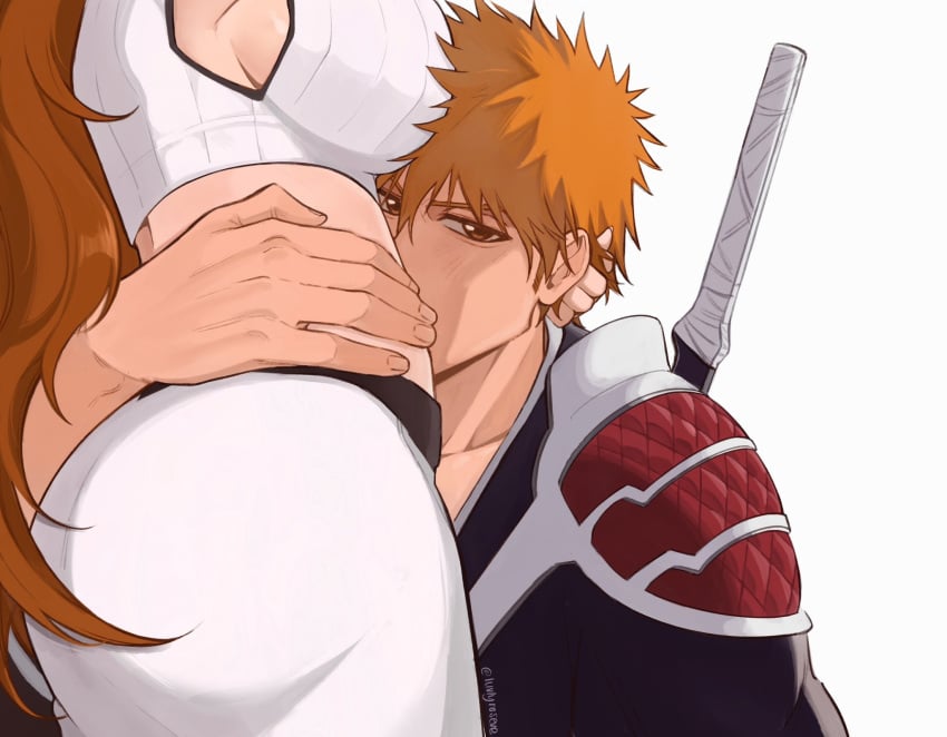 1boy 1boy1girl 1girls arm_around_waist ass big_ass big_breasts bleach bleach:_the_thousand-year_blood_war breasts brown_hair canon_couple couple dat_ass dress exposed_midriff female ichigo_kurosaki inoue_orihime kissing_stomach long_hair looking_at_viewer luvlyroseve male midriff orange_hair possessive shihakusho short_hair