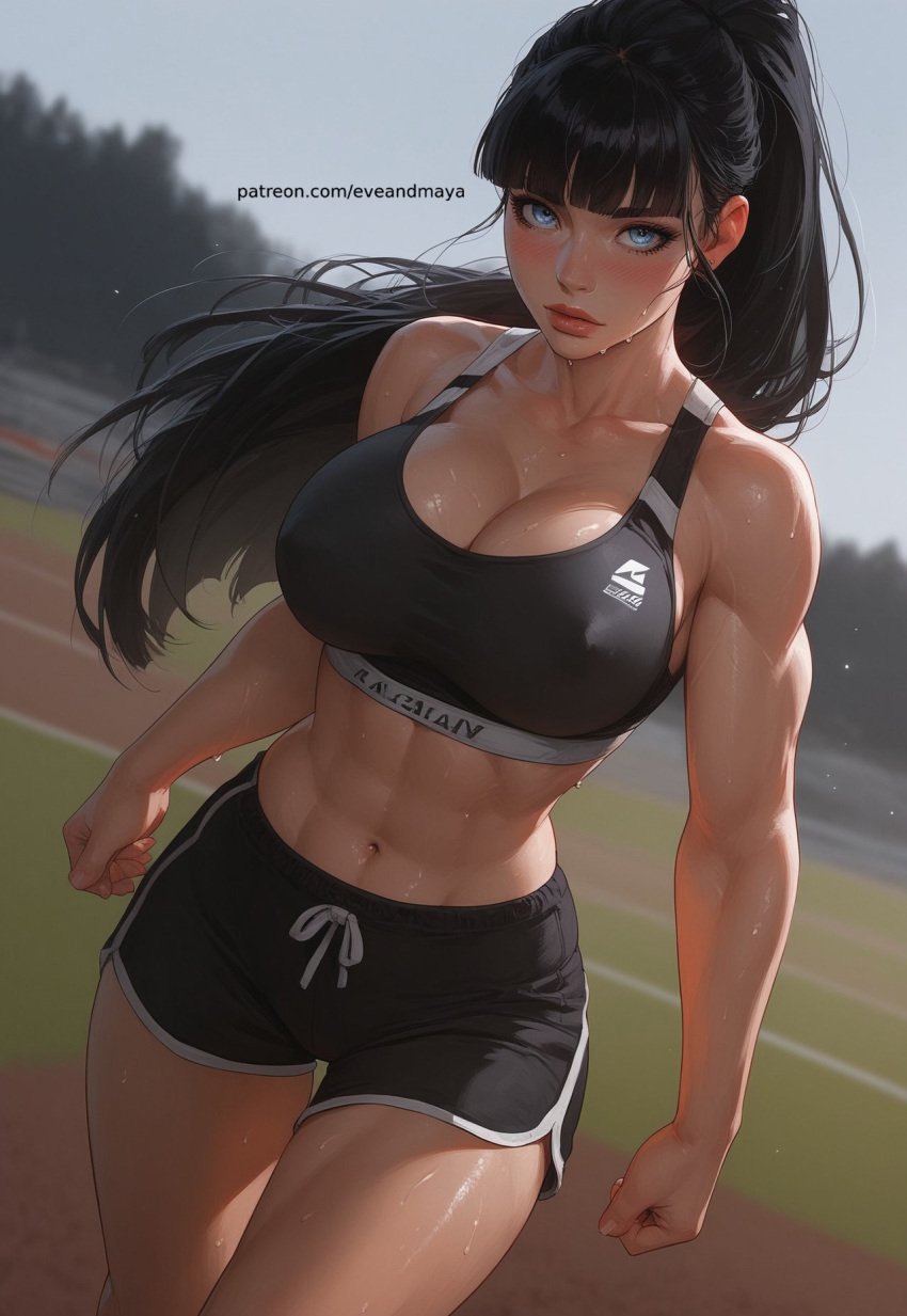 abs ai_generated barn belly cameltoe eveandmaya fit fit_female nipple_bulge photoshoot pose ranch sexy sexy_pose sports_bra sweat sweating