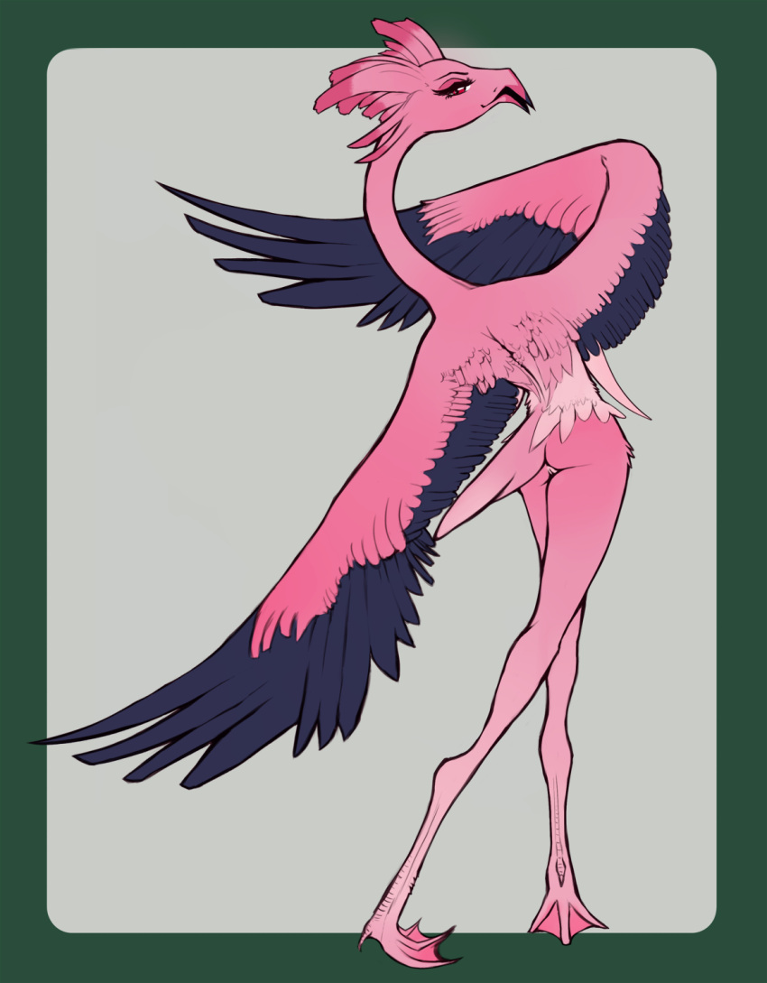 anthro ass avian barely_visible_genitalia barely_visible_pussy beak bird black_body black_feathers eyelashes feather_hair feathers female flamingo genitals hi_res looking_at_viewer nude open_mouth pink_body pink_feathers pseudo_hair pussy simple_background solo standing tail_feathers winged_arms wings xzorgothoth