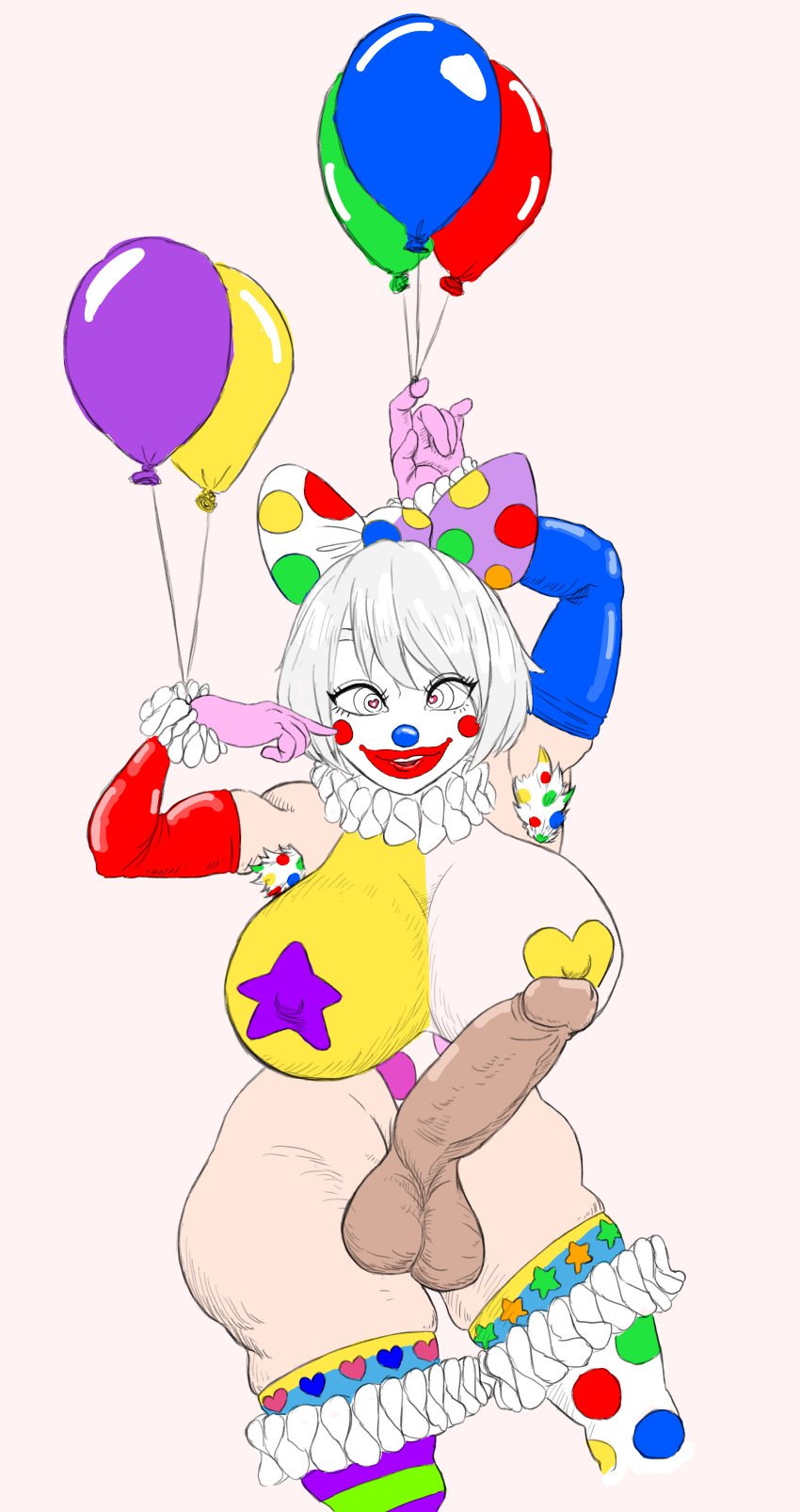 1futa alternate_costume armpits balloon balls big_breasts big_penis breasts clothed clothing clown clown_girl clown_makeup curvy erection futa_only futanari hairy_armpits huge_breasts human luckyluckyluckypenny mostly_nude nier:_automata penis solo standing thick_thighs wet yorha_2b