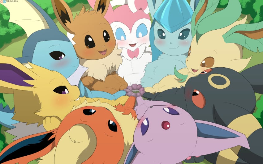 2022 9boys absurd_res all_eeveelutions black_body blue_body blush eevee eeveelution espeon flareon frottage genitals glaceon group hi_res humanoid_genitalia humanoid_penis jolteon leafeon male male/male male_only male_vaporeon nintendo nude orange_body penis pokemon pokemon_(species) sex smiling sylveon umbreon vaporeon video_games winick-lim yellow_body