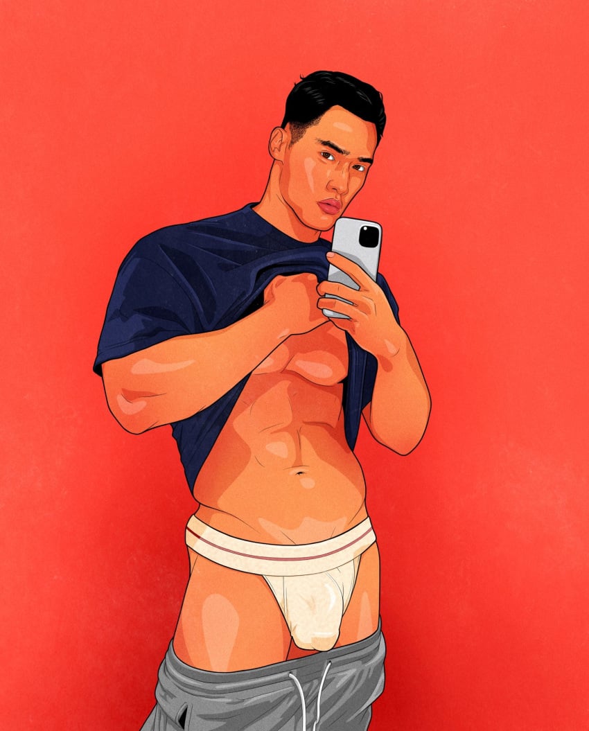 bulge east_asian east_asian_male fitness_model instagram_model jockstrap male_focus male_only meathook_magazine muscles muscular muscular_male pants_down penis_outline real_person selfie shirt_lift teasing wilson_lai