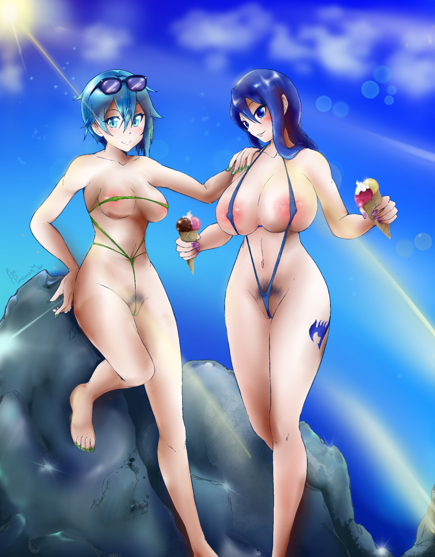 2girls almost_naked asada_shino barely_clothed beach big_breasts blue_eyes blue_hair fairy_tail female_only flatpancakes highres ice_cream juvia_lockser large_breasts medium_breasts multiple_girls nail_polish nude_beach ocean outdoors plump_breasts pubic_hair revealing_swimsuit sinon slingshot_swimsuit string_bikini sword_art_online take_your_pick thick_thighs voluptuous