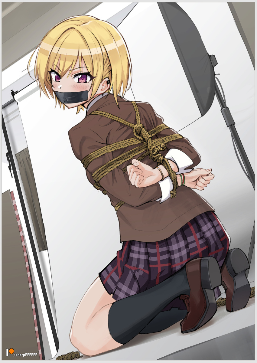 1girls arms_behind_back arms_tied_behind_back bangs bdsm black_legwear blonde_hair blush bondage bound bound_wrists brown_footwear brown_jacket ear_piercing female gag gagged idolmaster idolmaster_shiny_colors indoors jacket kneehighs kneeling loafers looking_at_viewer patreon_username pleated_skirt purple_eyes purple_skirt rope rope_bondage saijou_juri school_uniform sharpffffff short_hair skirt solo solo_female tape_gag