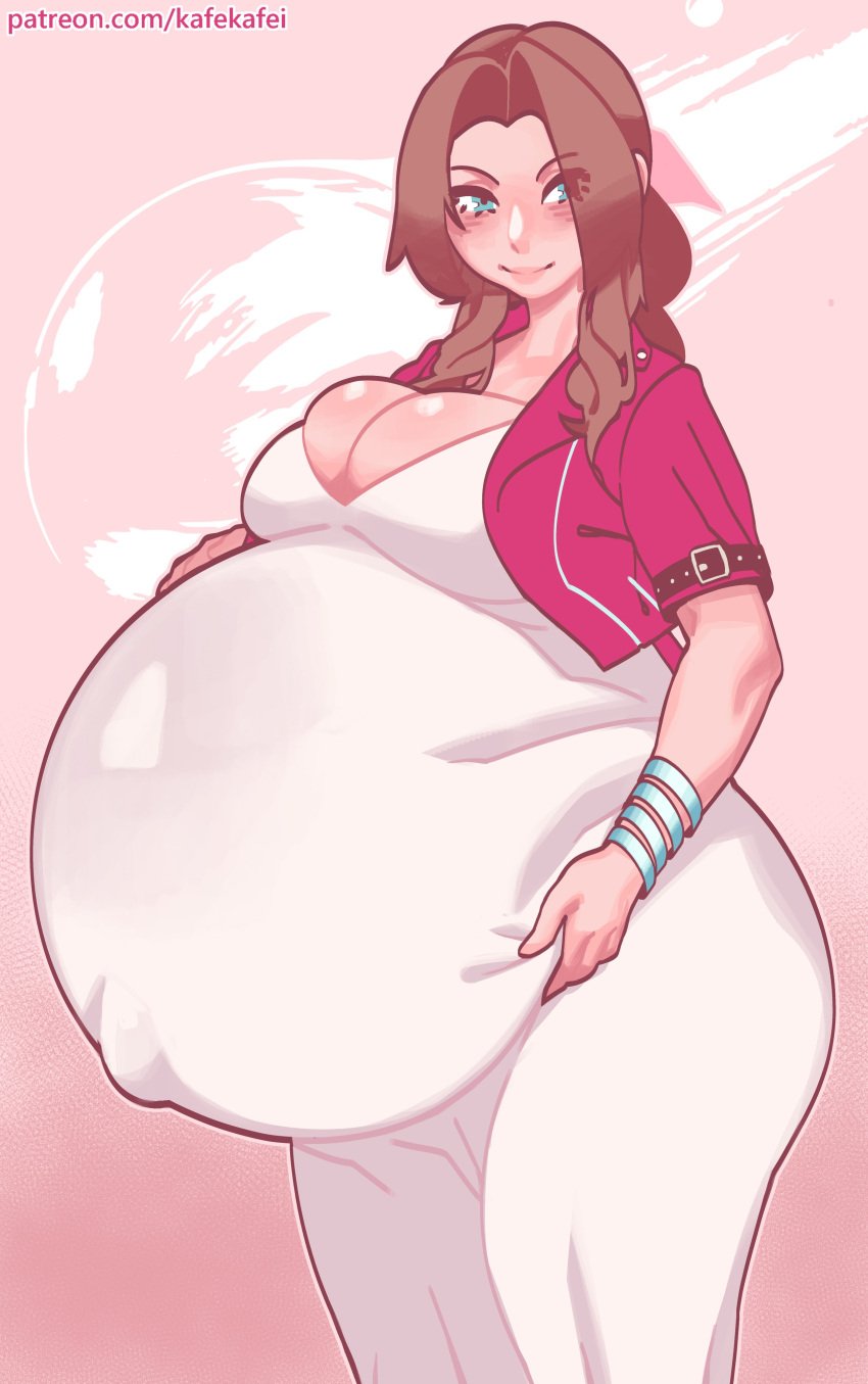 aerith_gainsborough belly belly_button big_belly big_breasts breasts brown_hair cleavage female final_fantasy final_fantasy_vii huge_belly kafekafei large_breasts navel outie outie_navel pregnant