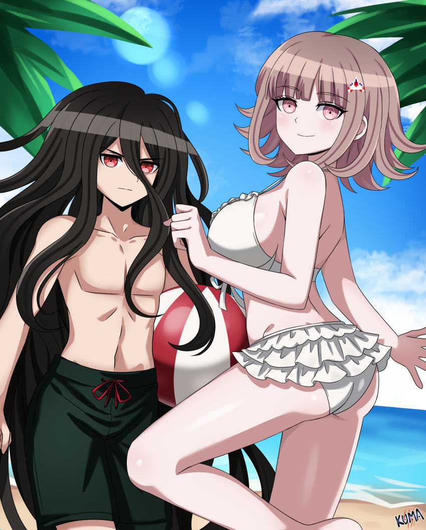 2022 ass beach beach_ball bikini bikini_bottom bikini_top black_hair black_shorts breasts danganronpa danganronpa_2:_goodbye_despair danganronpa_3 danganronpa_s:_ultimate_summer_camp hairpin izuru_kamukura izuru_planetes large_breasts nanami_chiaki palm_tree pink_eyes pink_hair red_eyes sea shorts sky straight_hair super_danganronpa_2 topless topless_male