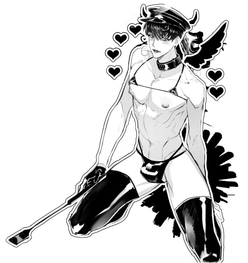 black_and_white black_hair blush bra bulge bulge_through_clothing collar devil_horns gloves kim_dokja kneeling lingerie nipples omniscient_reader omniscient_reader's_viewpoint omniscient_reader_(webtoon) shirtless shirtless_(male) thigh_highs thighhighs whip wings