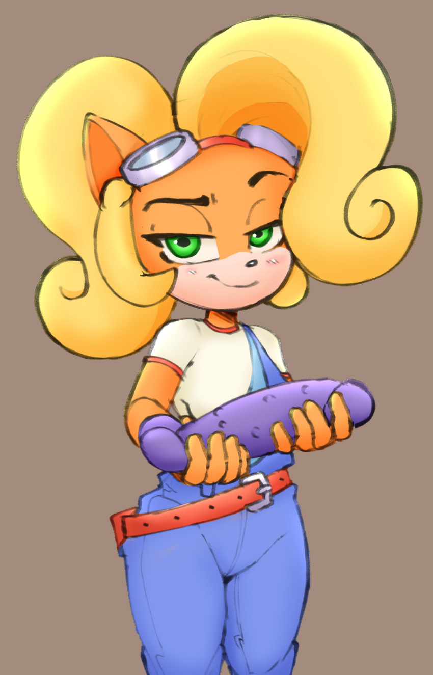 2022 activision anthro belt brown_background clothing coco_bandicoot colored crash_(series) dildo edit eyewear eyewear_on_head female fingers goggles goggles_on_head hair half-closed_eyes hi_res holding_object long_hair looking_at_viewer mammal marsupial narrowed_eyes naughty_face roundpeach sex_toy simple_background smile solo tenshigarden video_games