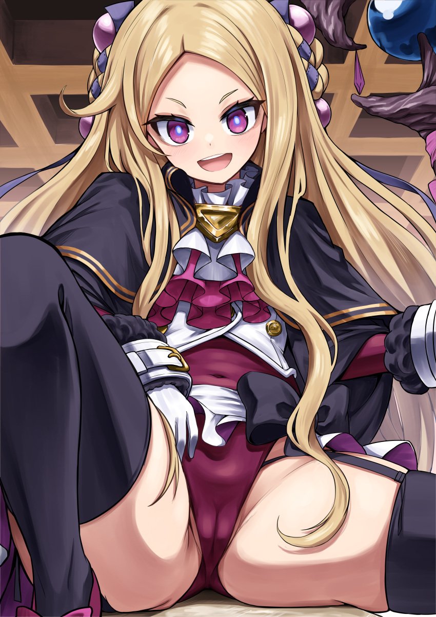 blonde_hair costume hi_res karadborg leg_spread long_hair looking_at_viewer mahoutsukai_reimeiki panties pink_eyes roux_cristasse sitting smile stockings