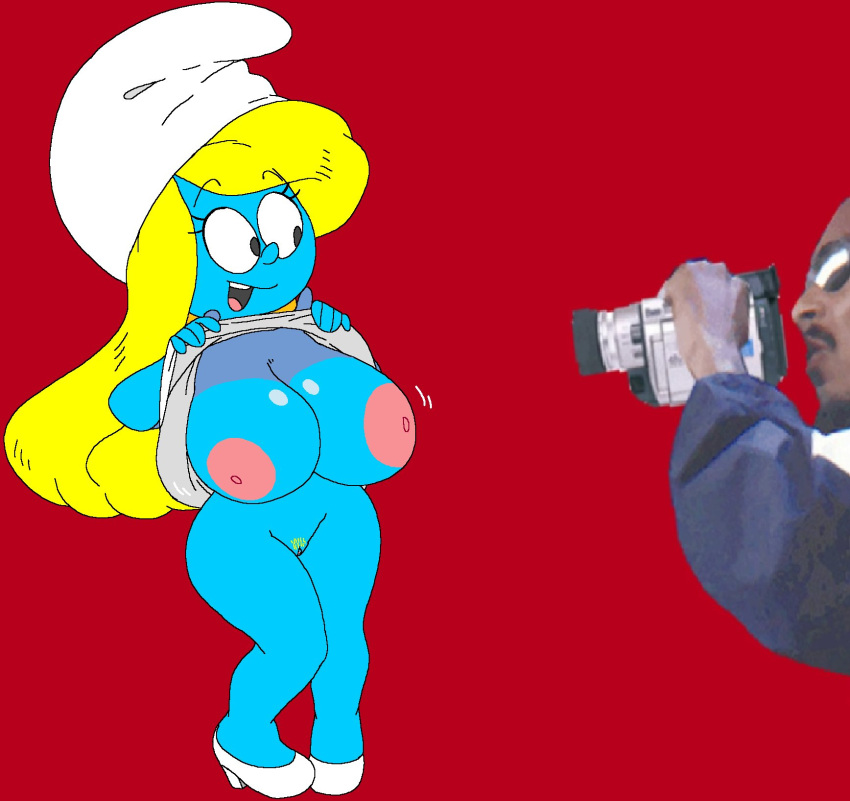 1boy 1girls 2022 big_breasts blonde_hair blue_skin breasts camera comedy dream-cassette dress dress_lift female flashing flashing_breasts funny hoshime huge_breasts humor male nipples no_panties peyo_(copyright) pubic_hair pussy shoes shortstack smurf smurfette the_smurfs thick_thighs