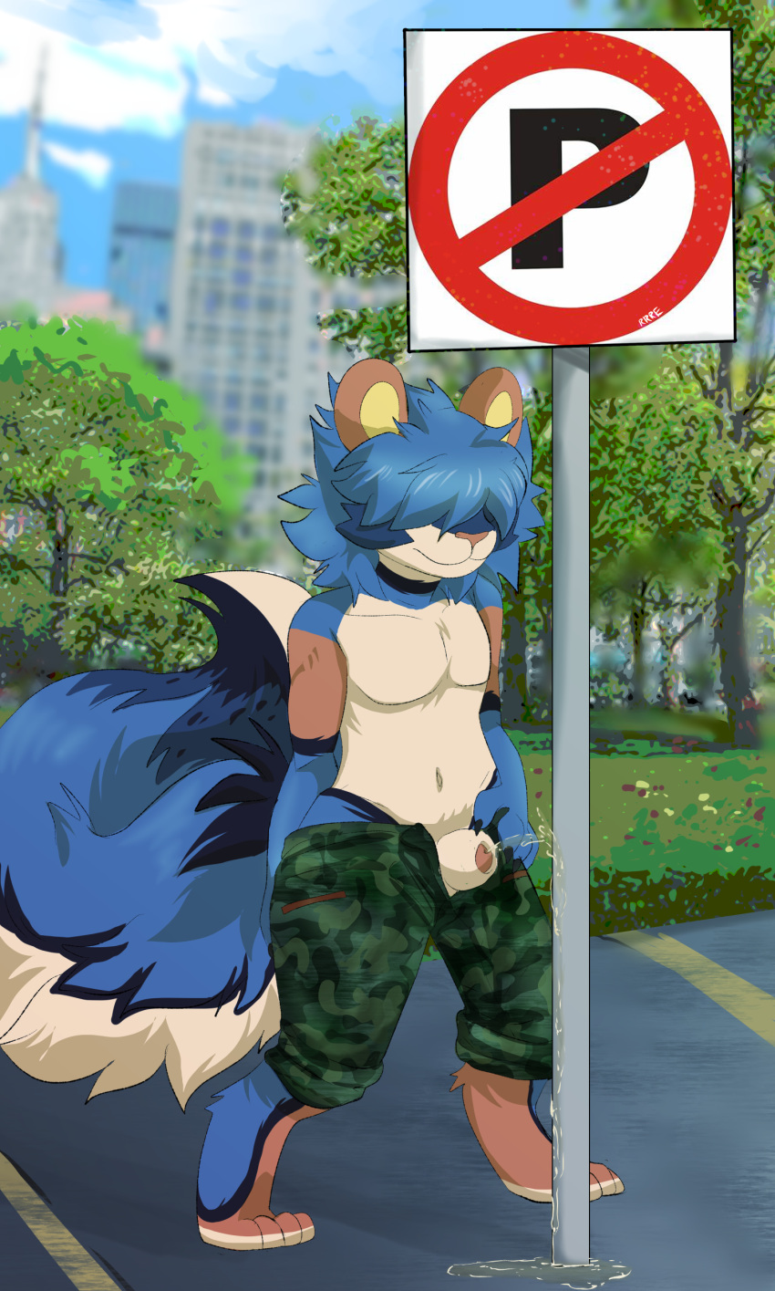 absurd_res animal_genitalia anthro blue_body blue_fur blue_hair bodily_fluids bottomwear camo camo_bottomwear camo_clothing camo_pants camo_print canid canine canis clothed clothing detailed_background digital_media_(artwork) fan_character felid feline fluffy fluffy_tail fur genital_fluids genitals grass growlithe hair hair_over_eyes hi_res hybrid luxray male mammal nintendo orange_body orange_fur outside pants pattern_bottomwear pattern_clothing pattern_pants peeing plant pokémon_(species) pokemon pokemon_(species) public raveneevee sheath smile solo tan_body tan_fur topless topless_male tree urine urine_on_ground urine_stream video_games watersports