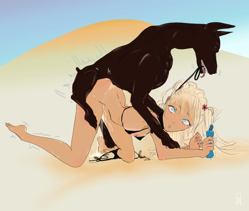 ahe_gao beach bending_over bikini bikini_aside bikini_tan blonde_hair blue_eyes canine cum cum_drip cum_in_pussy cum_inside doberman doggy_style domination feral feral_on_female feral_penetrating nipple_slip petite petite_body self_upload sunlotion tanned tanned_female twintails vaginal_penetration xxpen zoophilia