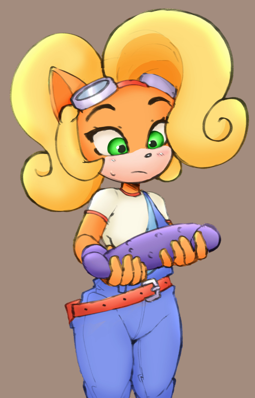 2022 activision anthro belt brown_background clothing coco_bandicoot colored crash_(series) dildo edit eyewear eyewear_on_head female fingers goggles goggles_on_head hair hi_res holding_object long_hair mammal marsupial roundpeach sex_toy simple_background solo tenshigarden video_games