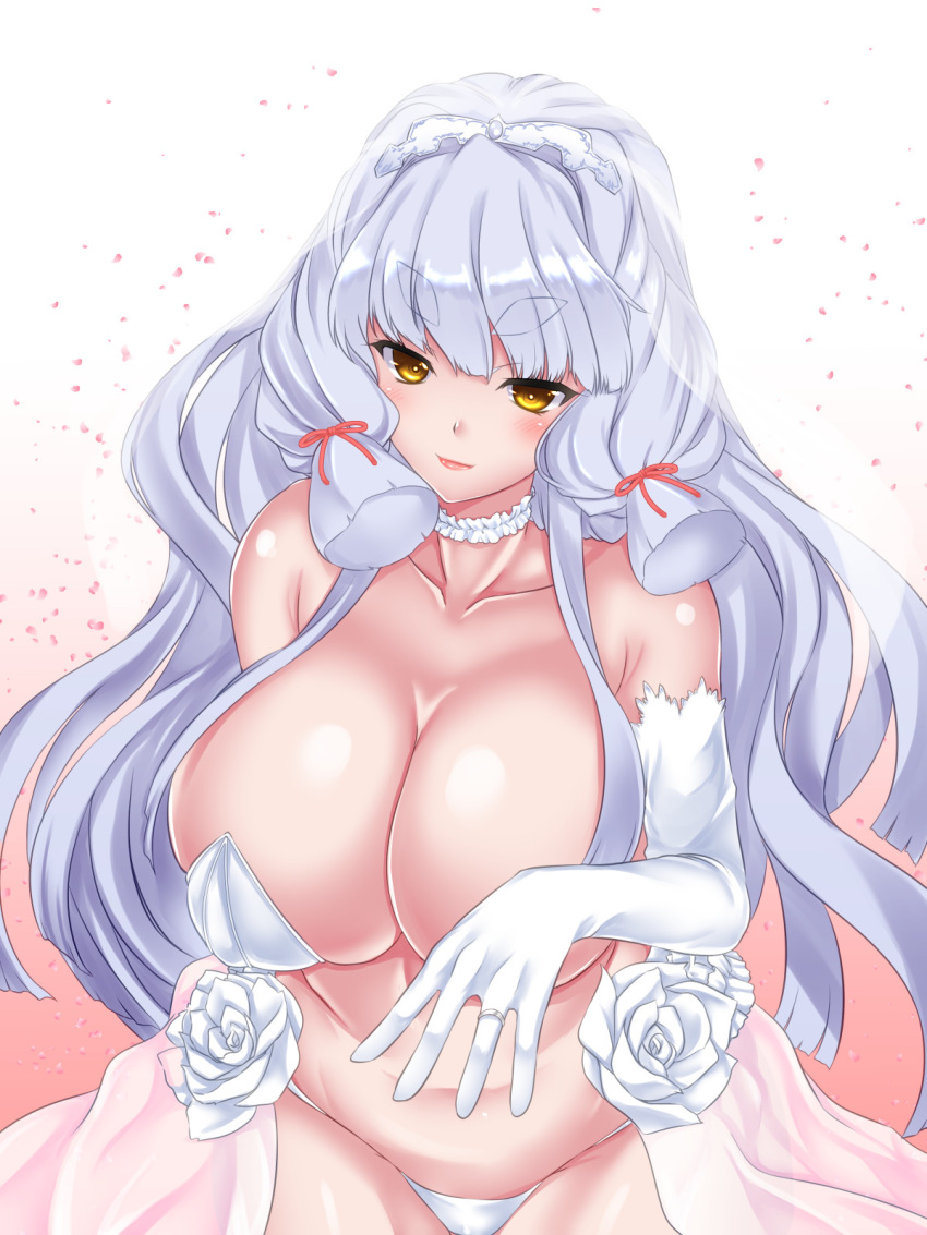 bare_shoulders blush breasts bridal_veil choker collarbone covered_nipples dress elbow_gloves gloves grey_hair hakkai highres jewelry kantai_collection large_breasts lips long_hair looking_at_viewer murakumo_(kantai_collection) older ring shiny shiny_hair sidelocks smile thick_eyebrows tiara veil very_long_hair wedding_band wedding_dress yellow_eyes