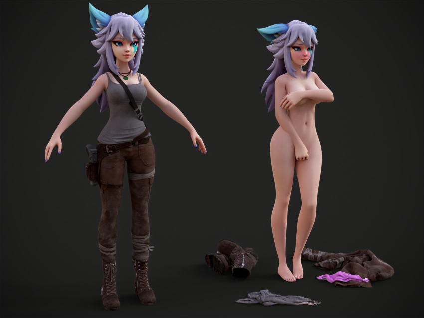 1girls 3d animal_ears barefoot blue_eyes breasts covering_breasts covering_crotch embarrassed embarrassed_nude_female feet female female_only fox_ears full_body hi-rez_studios io_(paladins) kemonomimi kitsunemimi lara_croft_(cosplay) large_breasts paladins silver_hair solo tomb_raider undressing vitalycg