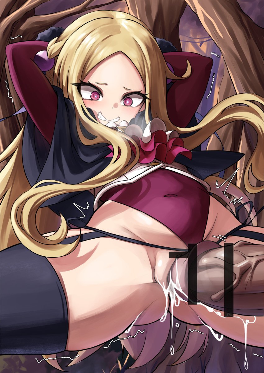 arms_behind_head belly_bulge blonde_hair costume hi_res karadborg leg_spread long_hair looking_at_another mahoutsukai_reimeiki panties pink_eyes pussy_juice roux_cristasse sitting stockings thighhighs trembling vaginal_penetration