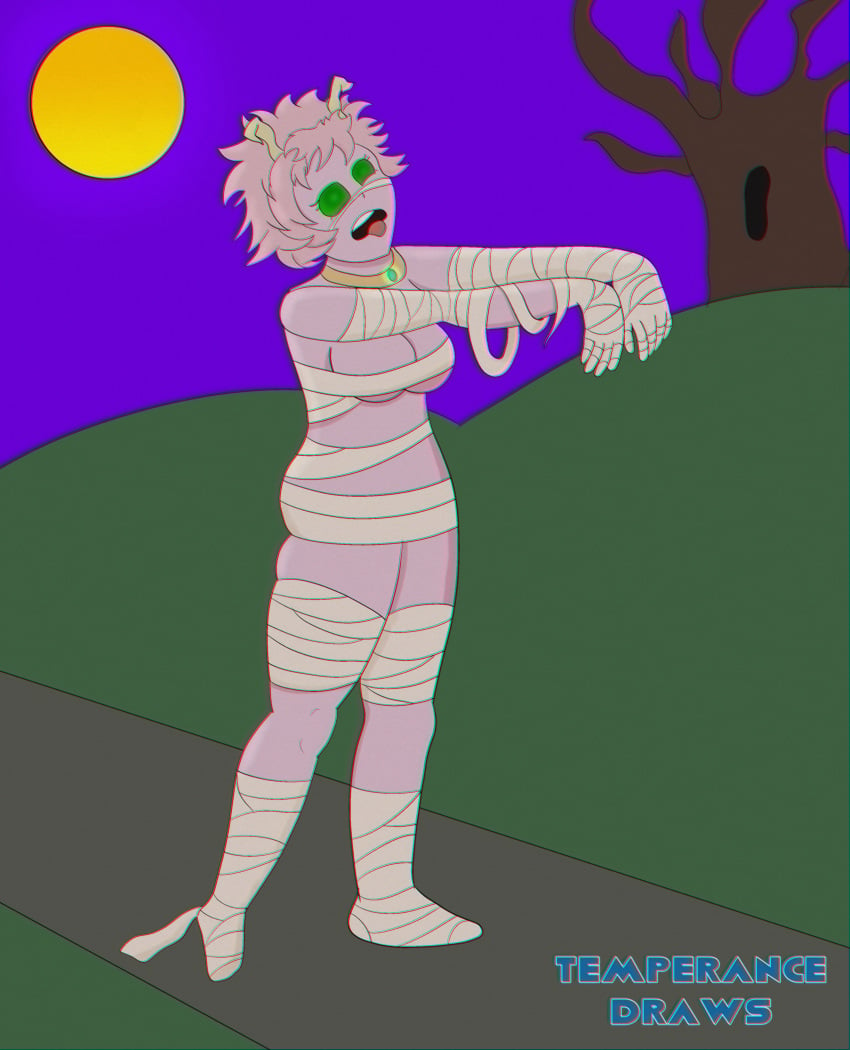 breasts halloween hypnosis jewelry mina_ashido mind_control mummy mummy_costume mummy_wrappings my_hero_academia necklace pink_hair pink_skin temperancedraws zombie_walk