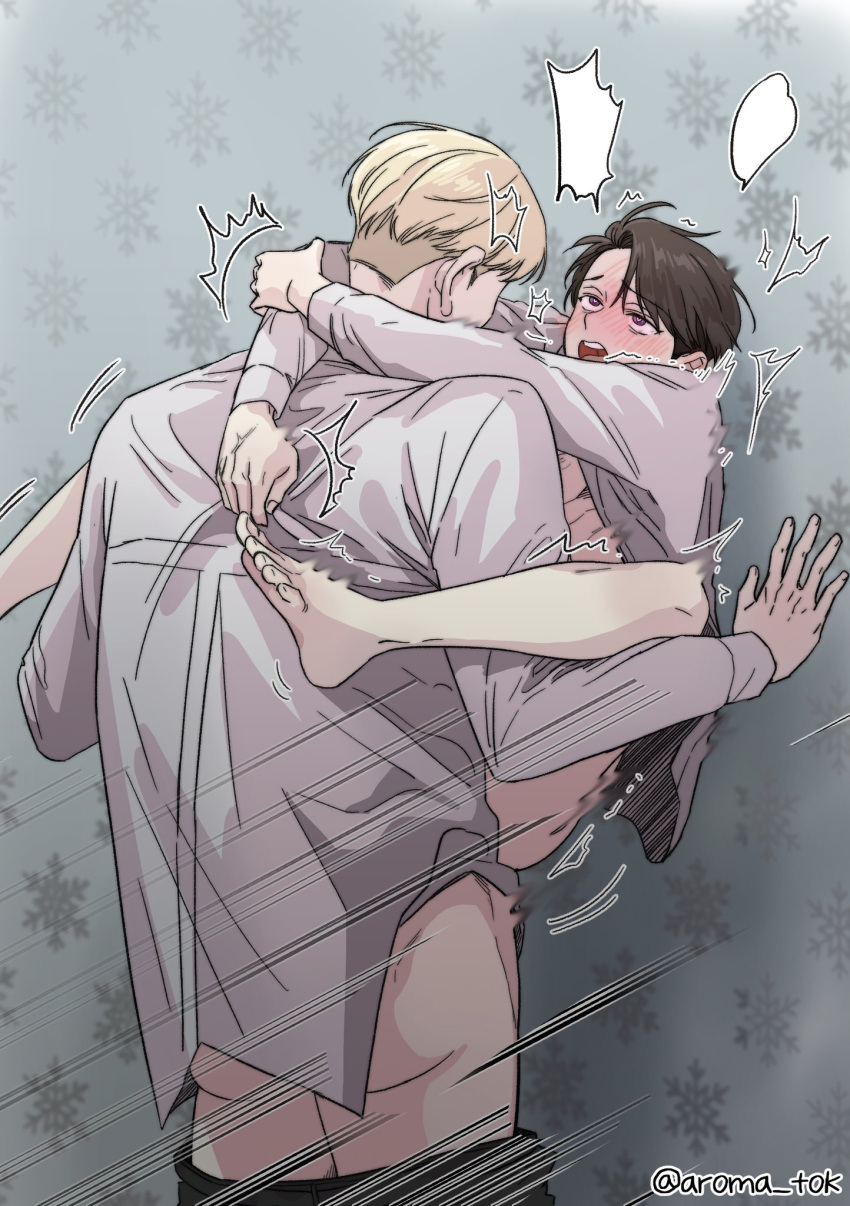 2boys against_wall arms_around_neck aroma_tok ass attack_on_titan barefoot blonde_hair carrying_partner erwin_smith gay levi_ackerman male male/male male_only male_penetrated male_penetrating male_penetrating_male pants_down shingeki_no_kyojin size_difference stand_and_carry_position tagme yaoi