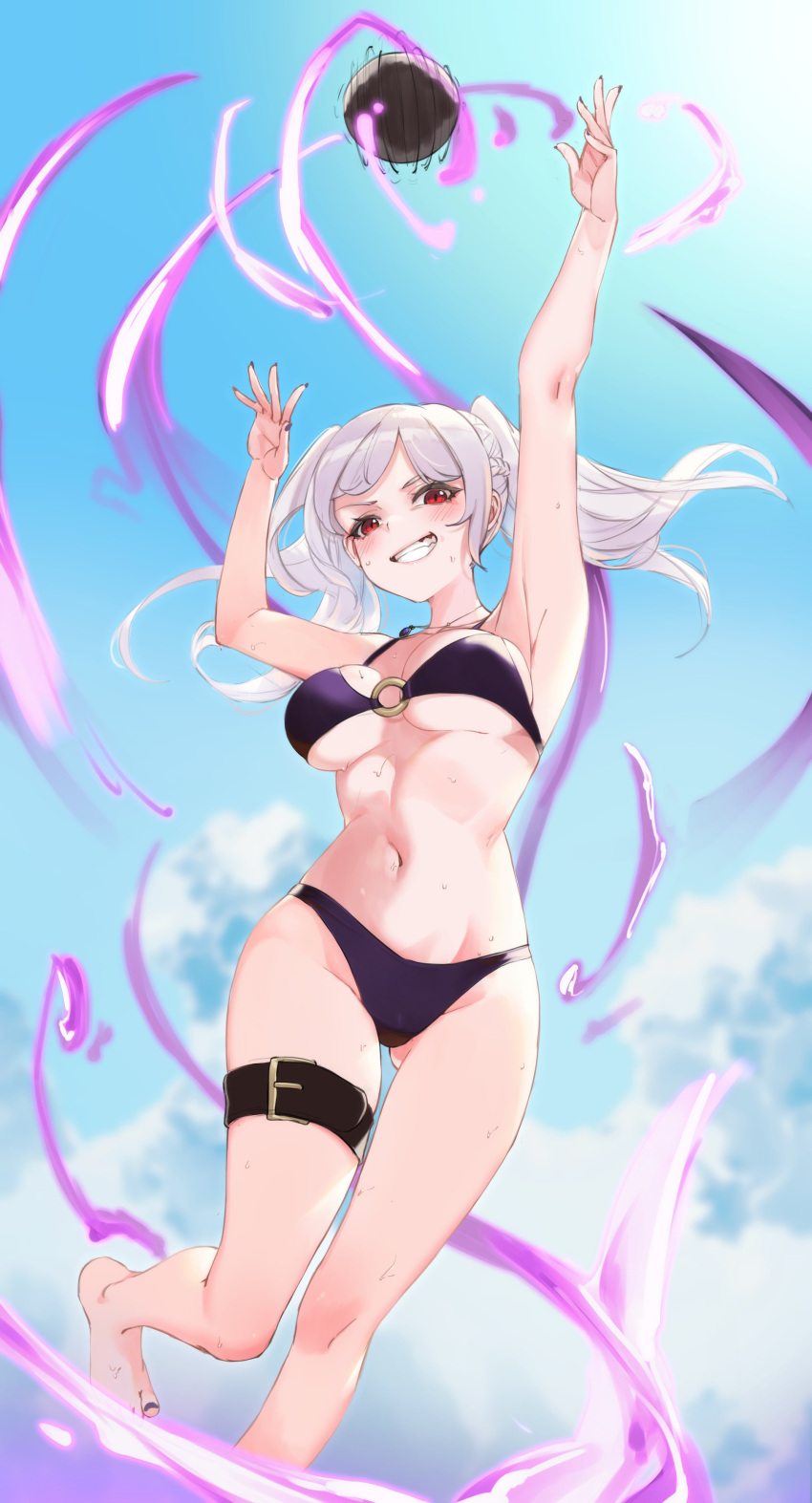 1girls absurdres alternate_costume armpits arms_up ball beach_volleyball bikini blue_sky breasts cloud commentary dark_persona day english_commentary evil_grin female female_only fire_emblem fire_emblem_awakening fire_emblem_heroes floating_hair from_below grey_hair grima_(fire_emblem) grin highres jumping large_breasts looking_at_viewer looking_down medium_breasts medium_hair nail_polish navel nintendo official_alternate_costume outdoors purple_bikini purple_nails purple_swimsuit red_eyes ritence robin_(female)_(summer)_(fire_emblem) robin_(fire_emblem) robin_(fire_emblem)_(female) sky smile solo sunlight sweat swimsuit teeth twintails underboob volleyball white_hair