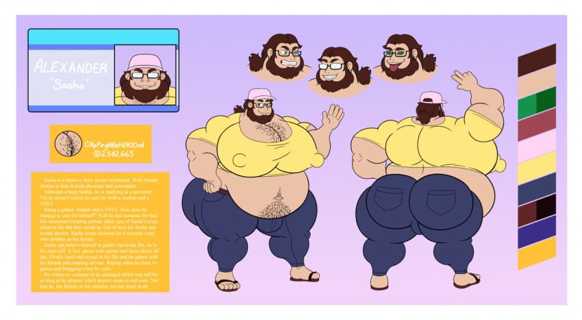 bulge coruki fat fat_ass fat_man hairy human male male_only moobs neetverse overweight pecs reference_sheet sasha_(kilfurnthedaddy) solo