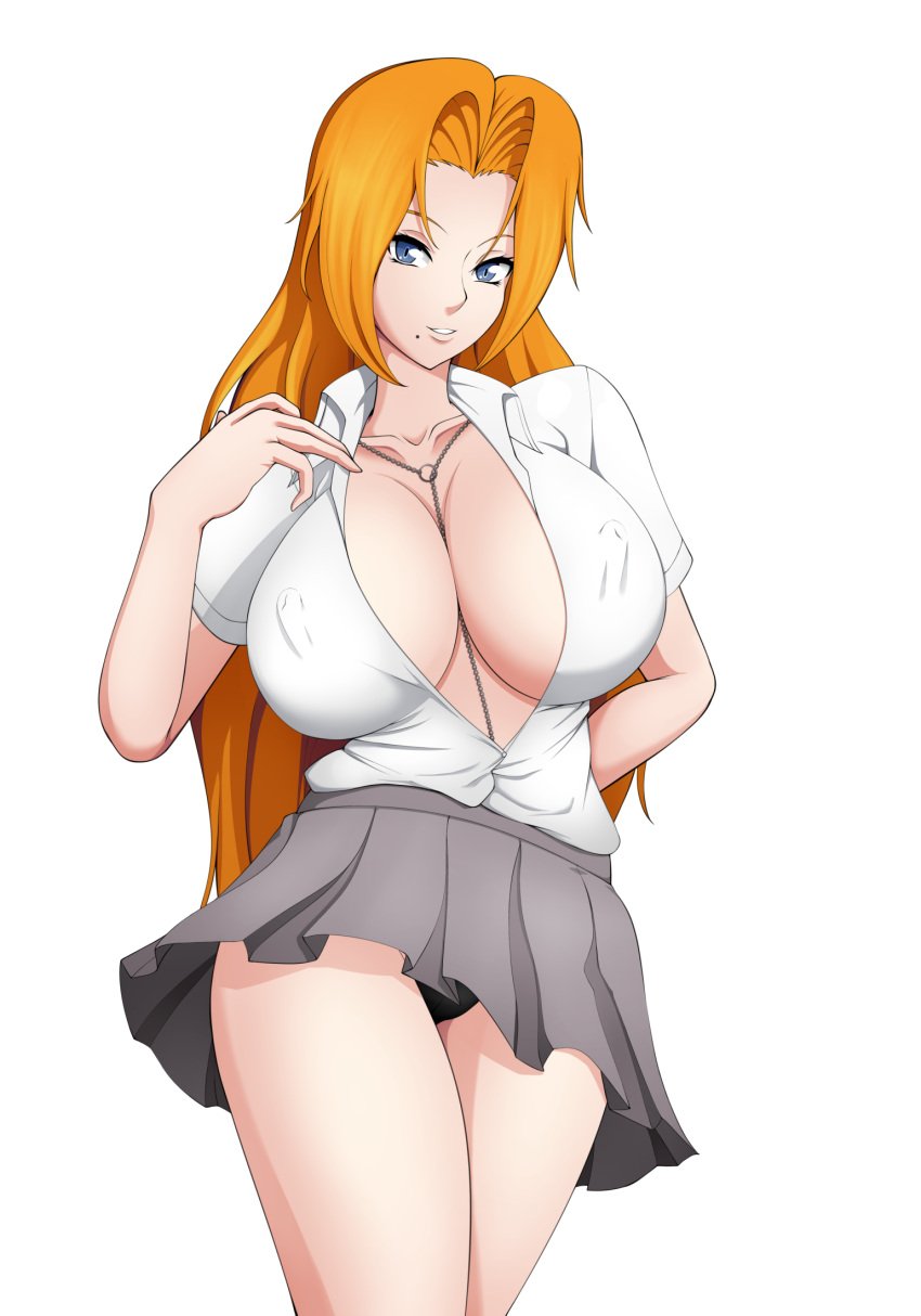 1girls bare_chest bare_legs bare_thighs big_breasts bleach blue_eyes breasts breasts_bigger_than_head bust busty center_opening chain_necklace clothed clothed_female curvaceous curvy curvy_body curvy_female curvy_figure erect_nipples erect_nipples_under_clothes female female_only hourglass_figure huge_breasts lalox large_breasts long_hair looking_at_viewer matsumoto_rangiku miniskirt mole mole_under_mouth necklace necklace_between_breasts nipples_visible_through_clothing no_bra oppai orange_hair panties pinup plain_background pose posing revealing_clothes school_uniform schoolgirl shiny shiny_hair shiny_skin simple_background skimpy skimpy_clothes skirt solo very_long_hair visible_nipples voluptuous wavy_hair white_background