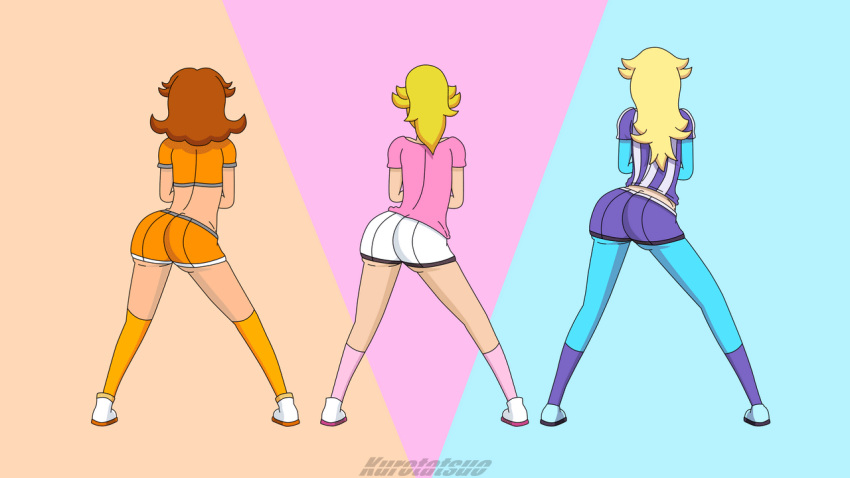 3girls animated ass ass_cleavage back back_view blonde_hair butt butt_crack female female_only football football_player football_uniform ginger_hair human human_only kurotatsuo light-skinned_female light_skin long_hair mario_(series) mario_strikers midriff nintendo orange_shirt orange_shorts orange_socks pink_shirt pink_socks platinum_blonde_hair ponytail presenting_hindquarters princess_daisy princess_peach princess_rosalina purple_shirt purple_shorts purple_socks rear_view shaking_ass shaking_butt shoes short_shirt short_sleeves shorts shoulder_length_hair soccer_uniform socks striped_shirt tan-skinned_female tan_skin thick thick_ass thick_hips thick_thighs tied_hair trio twerking white_shorts wide_hips