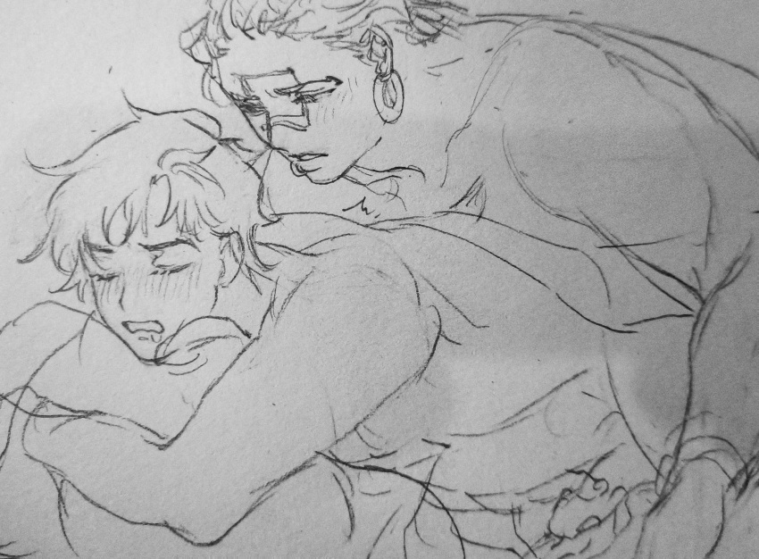 2boys anal battle_tendency blush closed_eyes earrings gay handjob handjob_while_penetrating jojo's_bizarre_adventure joseph_joestar male male/male male_only male_penetrated male_penetrating_male ning_yun_hu nude_male penetration traditional_media_(artwork) wamuu yaoi