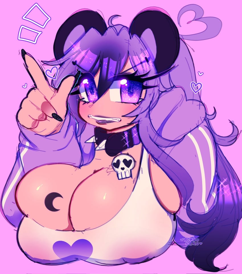 bimboneko breasts collar finger_gesture gesture humanized jacket oc panda panda_ears purple_eyes purple_hair skull spiked_collar sweater